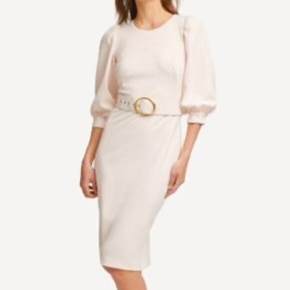 Calvin Klein Pale Peach Crepe Balloon Sleeve Belted Sheath women’s size 12 NEW - Picture 15 of 15